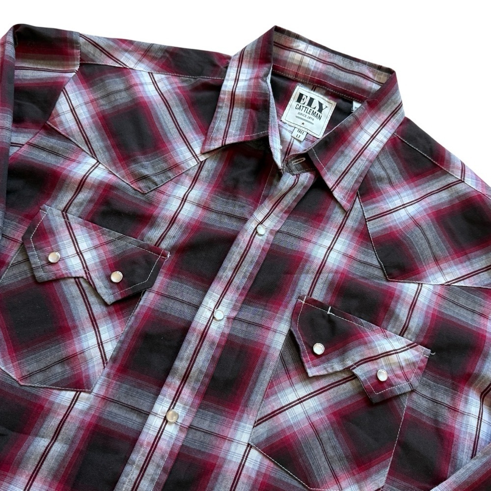 Ely Cattleman Western Pearl Snap Plaid Shirt Mens LT Tall Long Sleeve Rugged Red - Picture 1 of 9